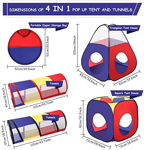 Holdfiturn 4 in 1 Play Tent for Kids Pop Up Play Tent with Tunnel Kids Play Tent Ball Pit with Zipper Storage Bag for Birthday Gift for Boys Girls Babies Toddlers