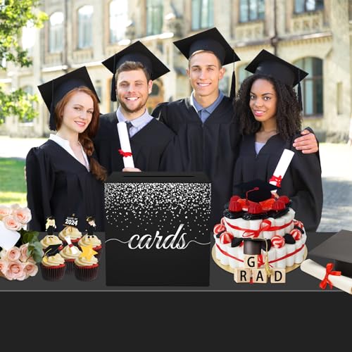 Image of Black Card Box for Party, 8.7 inch Cards Star Silver Foil Design Gift Cards Receiving Box Holder for Wedding, Bridal Shower, Graduation, Birthday, Retirement, Baby Shower, Anniversaries Party Decorations