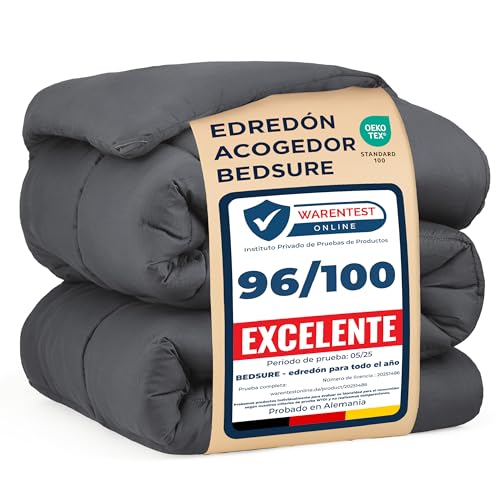 Bedsure Edredón 155x220 Edredón de Cuatro Estaciones para Todo el Año - Certificado Oeko-Tex 300GSM Gris, Duvet Suave y Cálido para Alérgicos