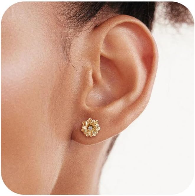 Tasiso Birth Flower Stud Earrings for Women 14K Gold Plated Birthstone Earrings for Women Dainty Gold Flower Blue Green Cubic Zirconia Earrings Birthday Gifts for Women Jewelry