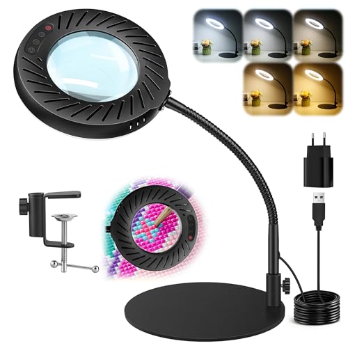 Akynite 12X Lampe Loupe avec Lumière et Support, 2A Adaptateur inclus, 5 Couleur 9 Luminosité, Loupe Lampe à 144 Led avec Pince et Bras pour Couture Lecture Bricolage Creation de Bijoux, Noire