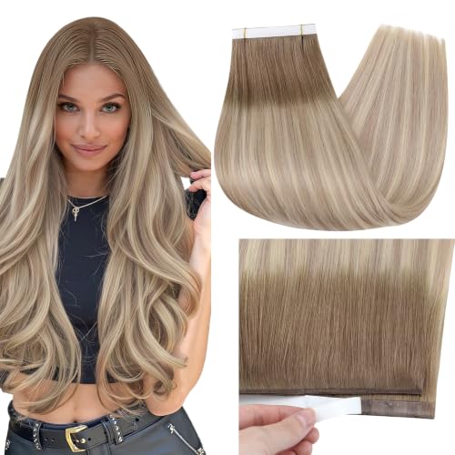 Image of Full Shine Long Tape in Weft Extensions, Ash Brown Blonde Ombre 24 Inch