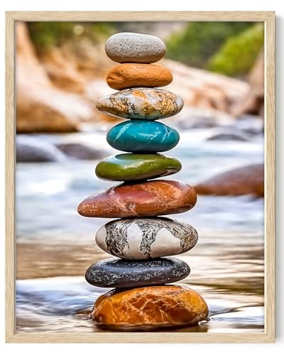 Zen Stacked Stones - Balance and Harmony 16x20 Framed Print, Mindfulness Wall Art Print, Colorful River Stones, Nature Inspired Meditation Art, Calming Wall Art for Office, Living Room, Bedroom