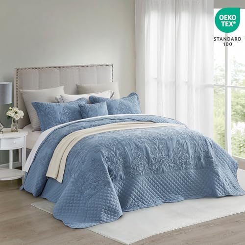 Image of CHIXIN Oversized King Bedspread 128x120 Extra Wide - Lightweight Bedding Cover - Beautiful Stitching - 5 Piece Reversible Bedspread - Luxury Damask Paisley Pattern (King /Cal King, Ashley Blue)