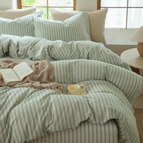 Nayoroom Striped Duvet Cover Queen Size 100% Washed Cotton Green White Striped Duvet Cover 3 Pieces Soft Breathable Dorm Bedding Set for Hot Sleepers, Yarn Dyed Process