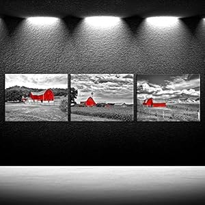 iKNOW FOTO 3 Pieces Canvas Wall Art for Bedroom Bathroom Black and White Country Rustic Farm Red Cabin Canvas Prints Decor Red Barn Field Art Farm Picture Artwork for Home Walls
