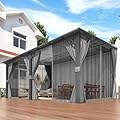 AECOJOY 16' x 12' Gazebo Outdoor Pergola with Curtains and Netting for Patio, Large Wall-Mounted Hardtop Lean to Metal Gazebo Shelter, Pergolas and Gazebos Clearance with Patio Roof Awnings for Decks
