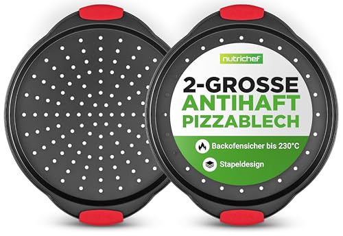 NutriChef Pizzablech 2er-Set Schwarz – Ø 32 cm, Antihaft, Gelocht, Carbonstahl Pizzaform mit Griff | Spülmaschinengeeignet, BPA-frei | Stapelbares Design