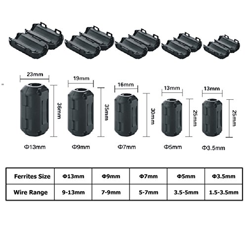 Mflying 40Pcs Clip-On Ferrite Magnetic Ring Core Rfi Emi Noise Suppressor Cable Clip For 3.5Mm / 5Mm / 7Mm / 9Mm / 13Mm Dia, 8Pcs Each #TOP1