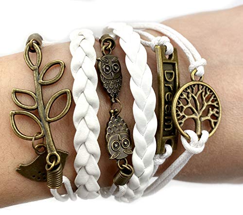 Luos Fashion Vintage Bronze Dream Tree Leaf Owls Charms White Braided Leather Rope Bracelet #TOP4