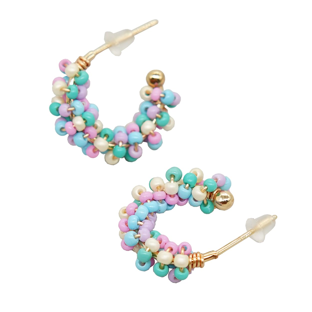 Sonateomber Boho Beaded Open Gold Hoop Earrings for Women, Cute Handmade Small Colorful Seed Beads Bohemia Half Huggie Cartilage Hypoallergenic Stud