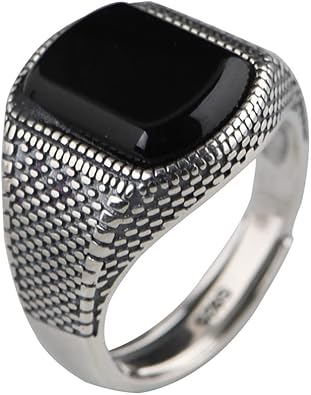 925 Sterling Silver Open Ring,Vintage Thai Silver Signet Black Onyx Ring for MenSuitable for ring size 8-11