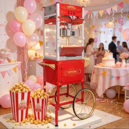 Image of 30oz Commercial Popcorn Machine, Retro Red Pop Corn Popper Cart