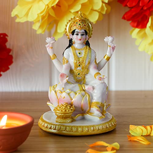 Indian Goddess Meditation Lakshmi Figurine - 5.7”H Marble Look Murti Laxmi Idol Statue for Home Office Temple Mandir Pooja Item Puja Decor Diwali Gifts Indian Spiritual Decor Gift - Image 4