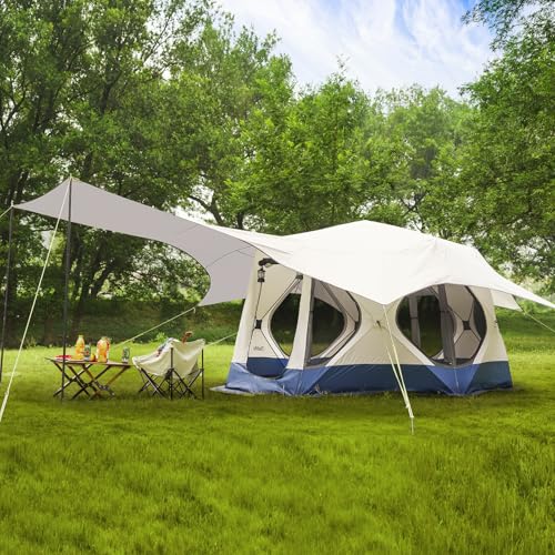 Camping Tent 4/6 Person with Canopy XL, Hub Tent with 10 Windows, PU2000 Waterproof Pop Up Cabin Tent Setup in 60 Seconds, Gazebo for Overlanding, Glamping, Outdoor