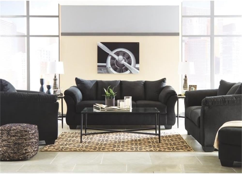 BOWERY HILL Contemporary Upholstered Loveseat, Polyester Fabric, Black Finish, 67 in Wide, Pillow Top Armrests, High-Resiliency Foam Cushions, Faux Wood Feet, Durable Living Room Seating