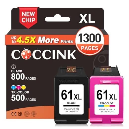 COCCINK 61XL Remanufactured Ink Cartridge Replacement for HP Ink 61 XL for Envy 4500 5530 4502 5535 5534 officejet 4630 4635 Deskjet 1000 1010 1510 Printer (1 Black, 1 Tri-Color) High Yield Combo Pack