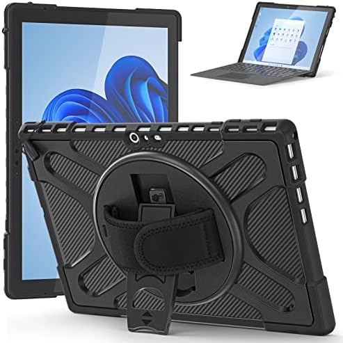Junfire Case for Microsoft Surface Pro 7 Plus 2021/Pro 7+/Pro 7/Pro 6/Pro 5/Pro 4/Pro LTE, Rugged Protective Cover Case with Kickstand Pen Holder Hand Strap, Compatible with Type Cover Keyboard, Black