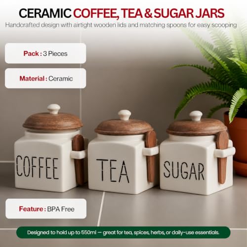 Image of Ivory Ceramic Coffee, Tea & Sugar Storage Jar Set with Wooden Lid & Spoon | Kitchen Airtight Containers (750ml each)