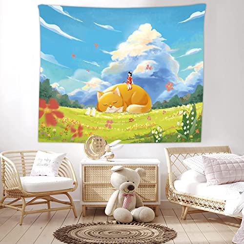 Zyllglow Cute Tapestry Teen Girl Preppy Room Decor Aesthetic Wall Tapestry For Teen Girls Hanging College Dorm Decor Bedroom Decor Kawaii Mushroom Cat Moon And Star Tapestry (Girl, 43.3*59In) #TOP1