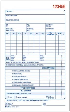 Adams Employee Payroll Record Book, 2 Part, Carbonless, 4.19 x 7.19, 50 Sets per Book, White and Canary (D4740)