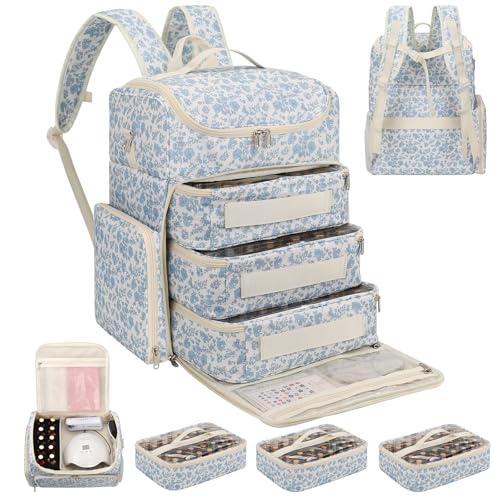 Extra Large Nail Polish Organizer Backpack, Holds 124+ Bottles & Full Size Lamp, Travel Nail Organizers and Storage Bag with 3 Removable Pouches, Portable Nail Supplies Case (Floral Blue, 124 Slots)