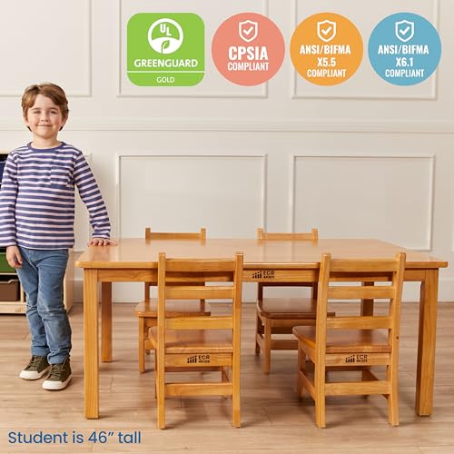 Image of ECR4Kids 30in x 48in Rectangular Hardwood Table with 20in Legs and Four 10in Chairs, Kids Furniture, Honey, 5-Piece