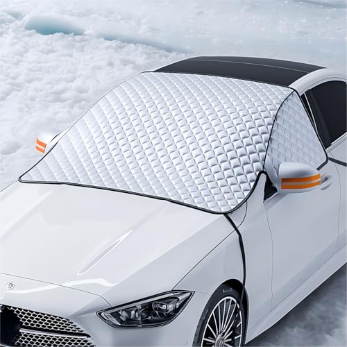 All-Weather Windshield Cover for Winter Ice & Snow and Summer Sun, 4-Layer Windproof Windshield Protector with Mirror Covers & Door Flaps, Universal Fit for Cars SUVs Trucks Vans (91” x 47”)