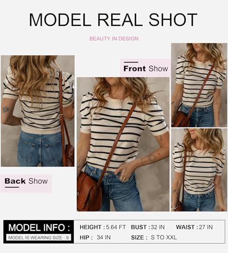 Dokotoo Women’s Short Puff Sleeve Knit Tops 2025 Trendy Crewneck Striped T Shirts Casual Summer Blouses