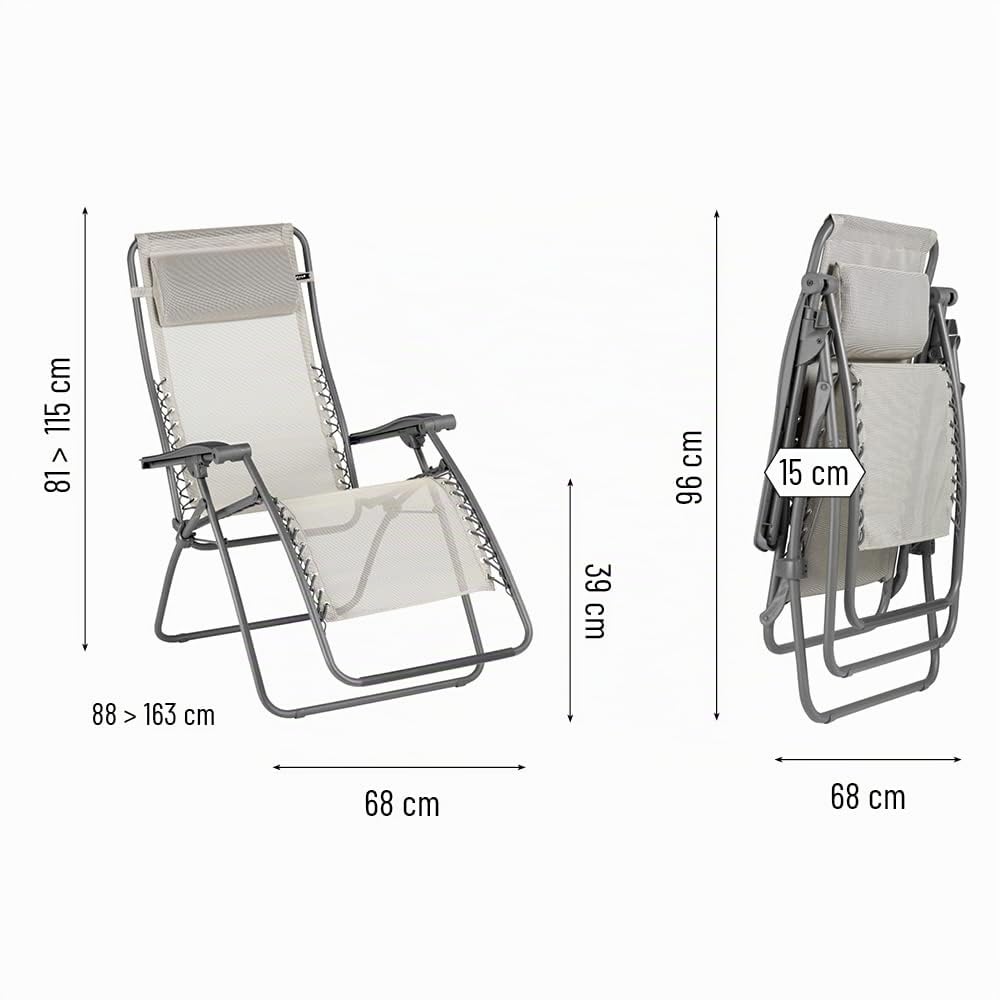 Lafuma MOBILIER - Fauteuil Relax Zéro Gravité RSXA - Chaise Longue Pliante Terrasse et Jardin - Toile Batyline Résistante - Transat Multiposition, Tout Confort, Fabriqué en France - Beige SEIGLE