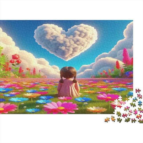 1000 Pièces Puzzle Love Flowers en Carton Épais pour Adultes & Amis, Amélioration de la Mémoire, Champ de Fleurs Cœur Nuage, Décoration Exclusive & Art Murale, 38x26cm