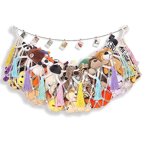 R REVOLEURT Large Stuffed Animal Net Or Hammock for Plush Toys - Wall Hanging Plushie Net Stuffed Animals Holder - Stuffed Animal Storage Display Ideas - Space Saver Toy Hammock - Cream