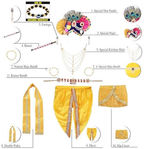 Image of Krishna Dress for Kids, Baby Krishna Dress for Janmashtami with Krishna Mukut, Peacock Feather & Flute Embroidered Krishna Costume for Girl & Boy, 3 Months-8 Years