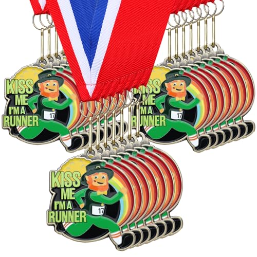Loetere 20 Pcs St. Patrick's Day Medals 2'' Metal Irish Green Shamrock Trophy Prizes Awards with Ribbon for Festival St. Patricks Party Favor Running Competition(St. Patrick's Day Running)