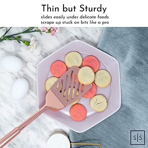 Image of Copper Cooking Utensils Set - Rose Gold Kitchen Serving Tools, 5 PCS Stainless Steel: Ladle, Spoon, Pasta Fork, Spatula, Skimmer
