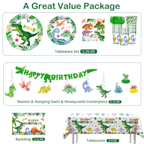 Image of 356Pcs cocomigo Dinosaur Birthday Decorations Tableware Set, 50 Serves