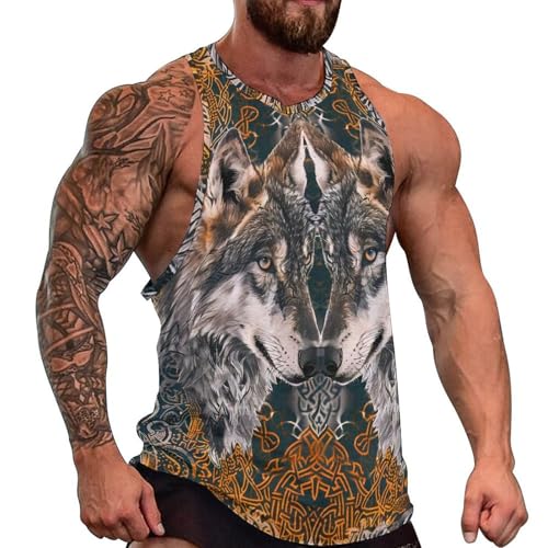 FLAREO Men's 3D Viking Norse Mythology Tattoo Print Sleeveless Gym Tank Top,Orange Black Viking Twin Wolf,XL