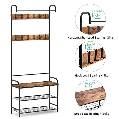 alvorog Coat Rack, Shoe Bench, Vintage 3-in-1 Hall Tree, Shoe Rack for Entryway with 3-Tier Storage Shelf and 12 Hooks Removable, Industrial Accent Furniture with Steel Frame - 31in x 12.6in x 72.8in - Thumbnail 2