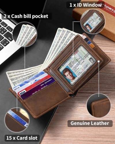Image of Artpaxy Mens Wallet Bifold Genuine Leather RFID Blocking Wallet for Men with 1 ID Window 15 Card Holders 2 cash pockets 1 Gift Box