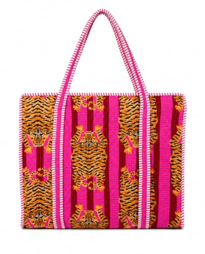 Image of Handmade Quilted Cotton Tote Bag for Women, Pink Tiger Print Kantha Shopper, Large Reusable Shoulder Bag, Boho Beach Shopping Tote, Eco Friendly Cotton Handbag