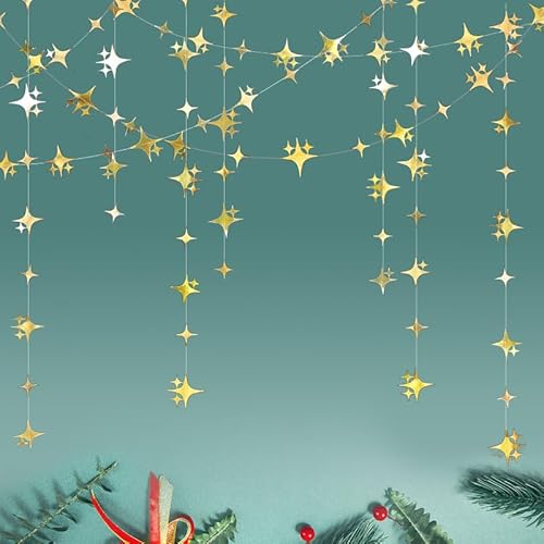Glitter Gold Four-Angle Star Paper Garland Banner Décor 40 Feet Gold Twinkle Star Hanging Bunting Banner Backdrop for Wedding Baby Shower Birthday Graduation Disco Party Decorations