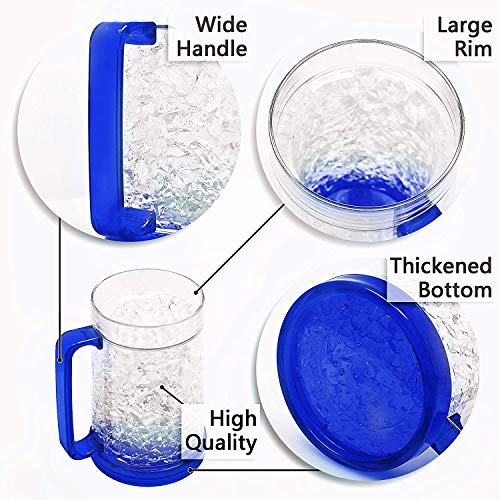 Drinking Glasses Cups, Double Wall Gel Freezer Beer Mugs, Freezer Ice Mugs Cups, 16Oz, Plastic Cooling Beer Mug Clear Set Of 4 (Red, Green, Blue, Orange) #TOP3