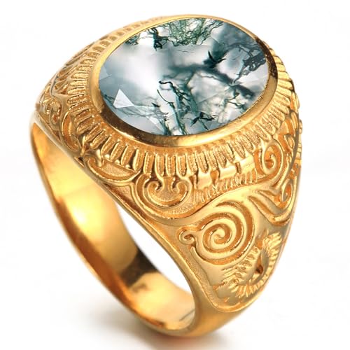 JOOVO 10K/14K/18K Real Gold 3Carats Oval Cut Moss Agate Engagement Rings for Men Gemstone Wedding Men's Ring Fine Jewelry Gifts for Father's Day Valentines Day Size 4-16