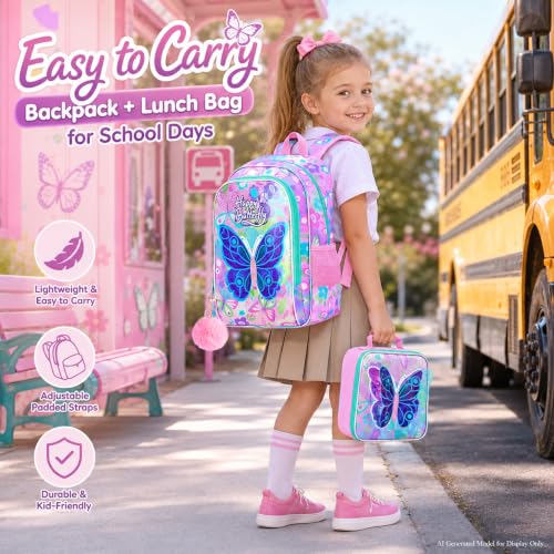 Image of CCJPX 3Pcs Butterfly Backpack, 16 inch Kids Girls Bookbag with Lunch Box, Water Resistant Elementary School Bag for Kindergarten Preschool Toddler (Pink)