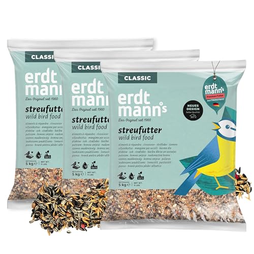 Erdtmanns Streufutter für Wildvögel – Futtermischung mit Sonnenblumenkernen, Hirse & Getreide – energiereiches Vogelfutter für Ganzjahresfütterung – für Garten, Balkon & Futterhaus (15 kg (3 x 5 kg))