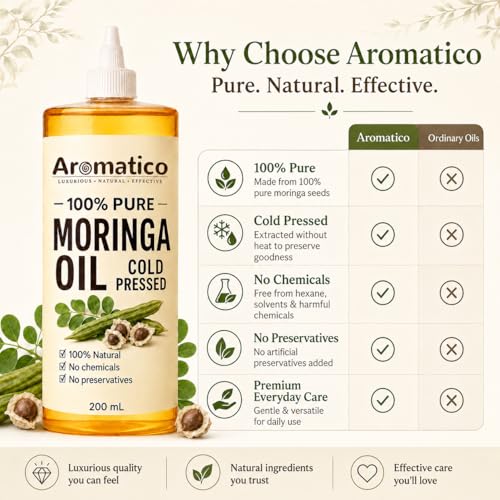 Image of AROMATICO Moringa Oil for Face, Hair and Body, Multipurpose Carrier Oil for Skincare, Scalp Massage, Dry Skin Care and Natural Glow Routine - 200ml