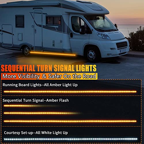 2Pcs Led Running Board Lights 10 Feet Led Side Maker Light With 360 Leds Sequential Amber Turn Signal Lights ＆ White Courtesy Light 12V-14V Emergency Led Lighting Strips Extended Crew Cab Rv Trailer #TOP2