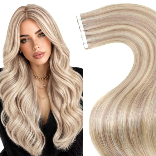 Image of LaaVoo Tape in Hair Extensions Human Hair Seamless Soft Long Lasting Wear | Light Ash Blonde Highlight Platinum Blonde, Tape in Extensions Real Human Hair, for Adding volume, Painless, 50G 20Pcs 14Inch