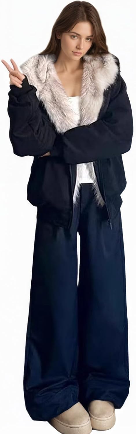 Y2k Faux Fur Hooded Jacket Cute Cat Ear Hoodie Baggy Zip Up Jacket Unisex Winter Streetwear