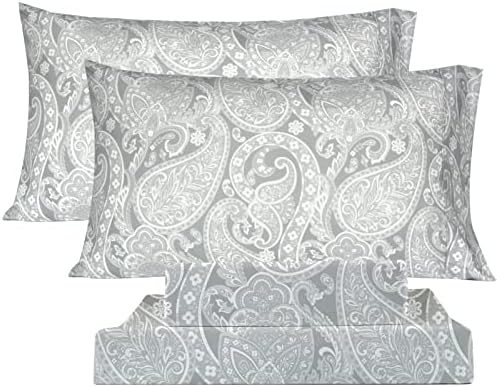 KACEMOO Bed Sheets California King Size 4PC - Gray Paisley Sheets Printed Floral Sheet Set Flower Pattern Deep Pocket Fitted Bed Sheets Microfiber Soft Breathable 1800 Thread Count Double Bedding